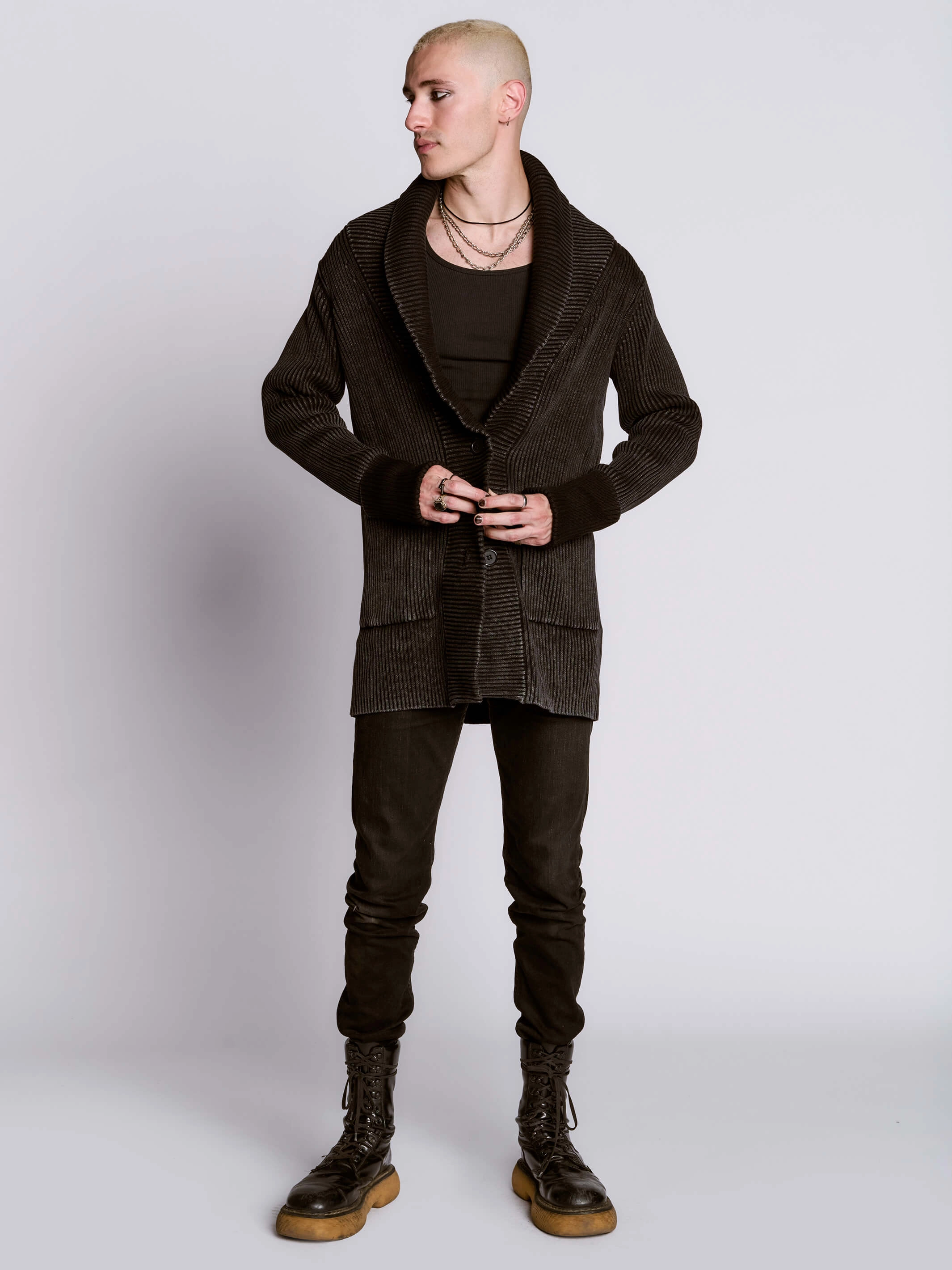 Distressed Rib Cardigan Sporty Fit