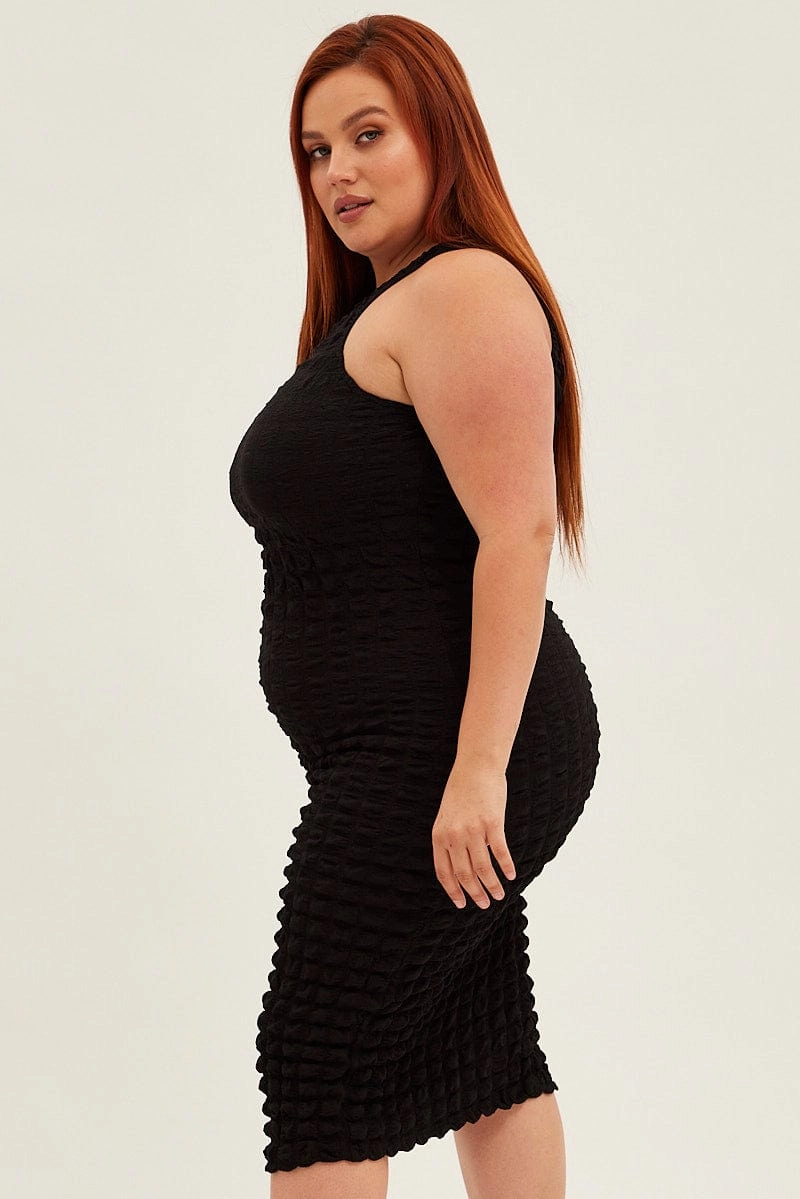 Black Knee Dress Stretch Bubble Texture Flare Hem sophisticated appearance