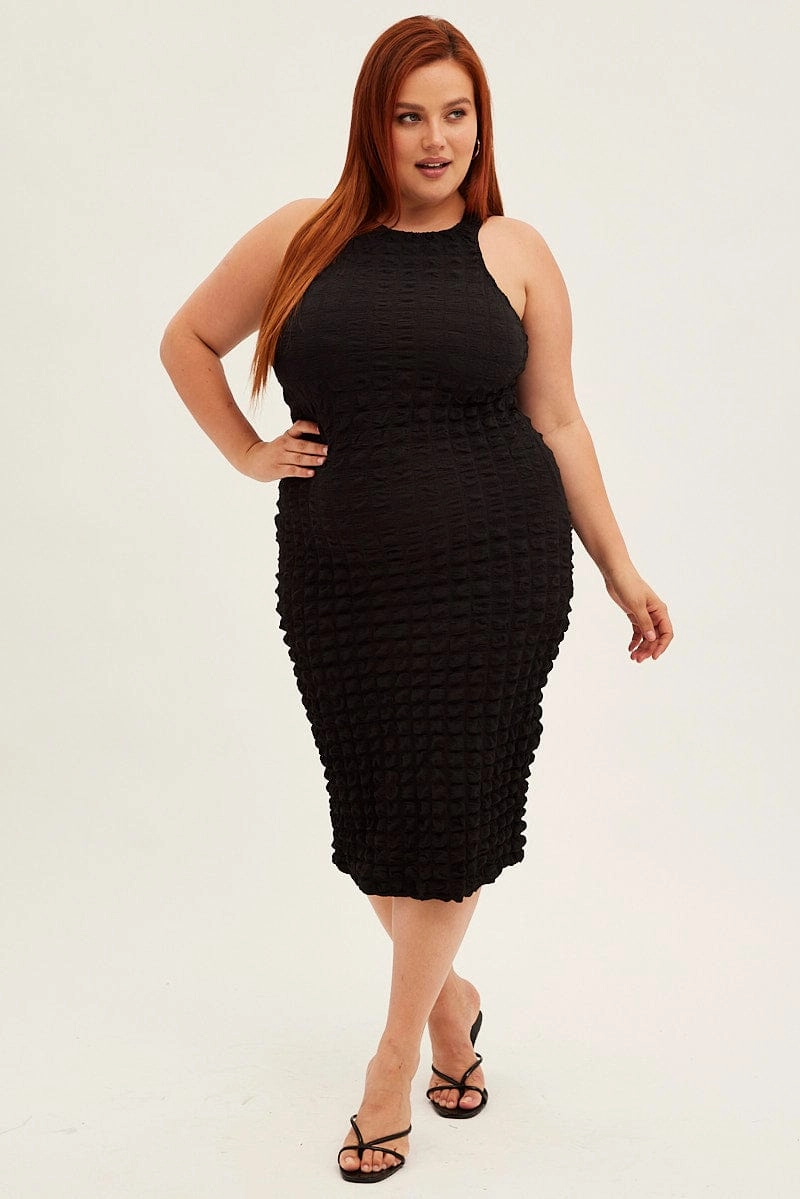 Clean Structure Black Knee Dress Stretch Bubble Texture