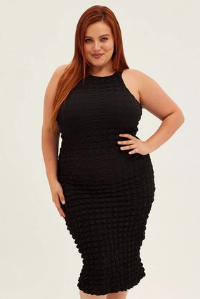 Black Knee Dress Stretch Bubble Texture Bohemian-Style Sporty-Look