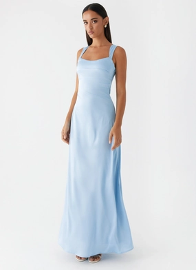 Light And Airy Classic Layering Odette Satin Maxi Dress - Blue
