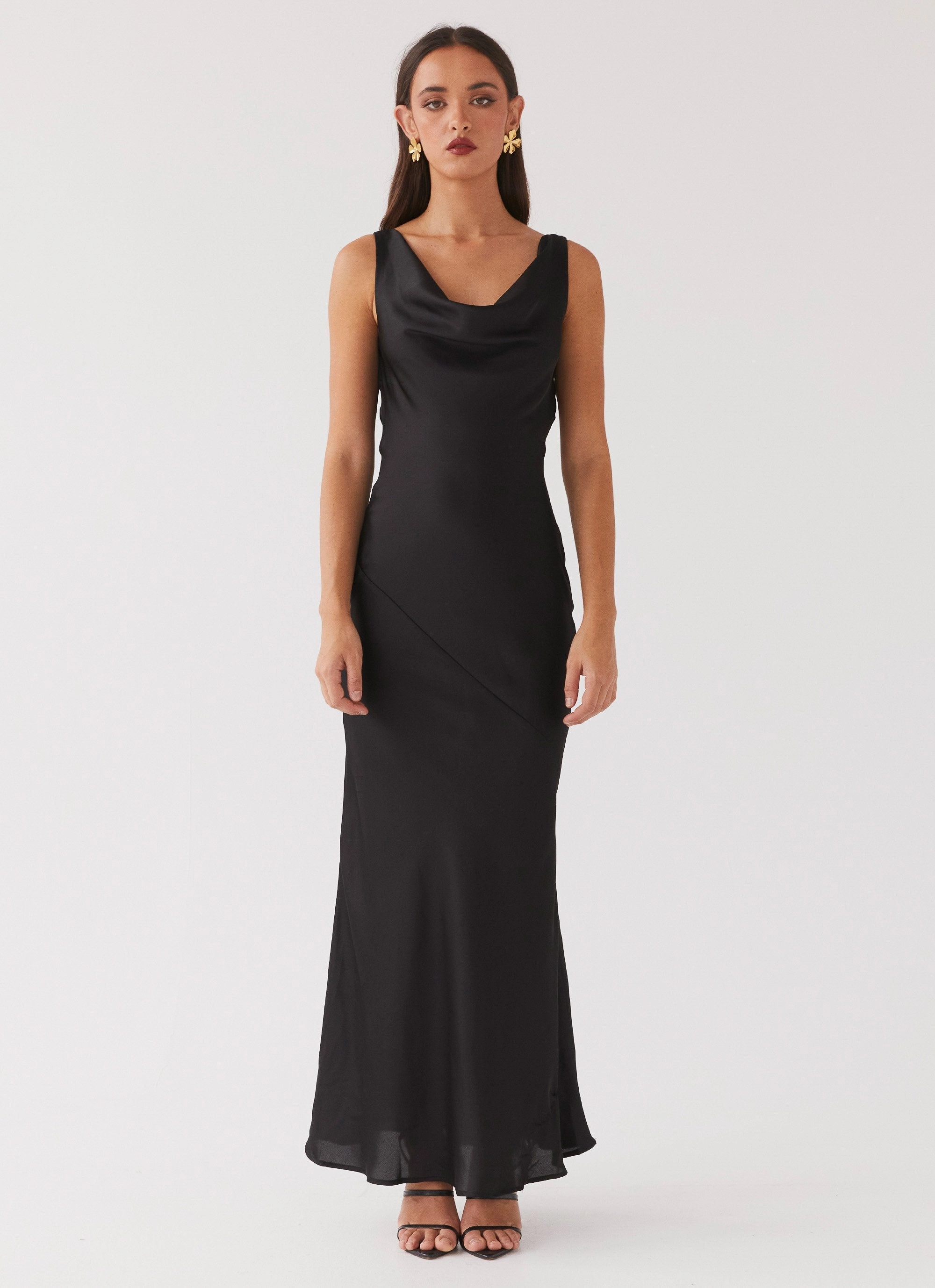 Be Mine Satin Maxi Dress - Black Basic Shape