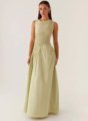 Altitude Shirred Maxi Dress - Pastel Green Social Ease Satin-Sleeve
