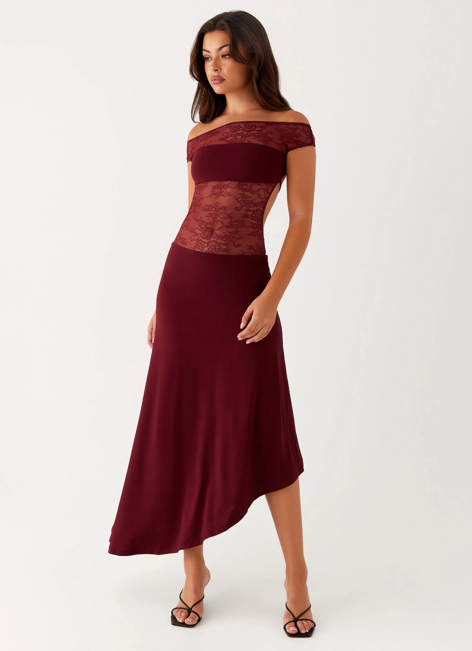 Francoise Lace Midi Dress - Burgundy Wrap-Style