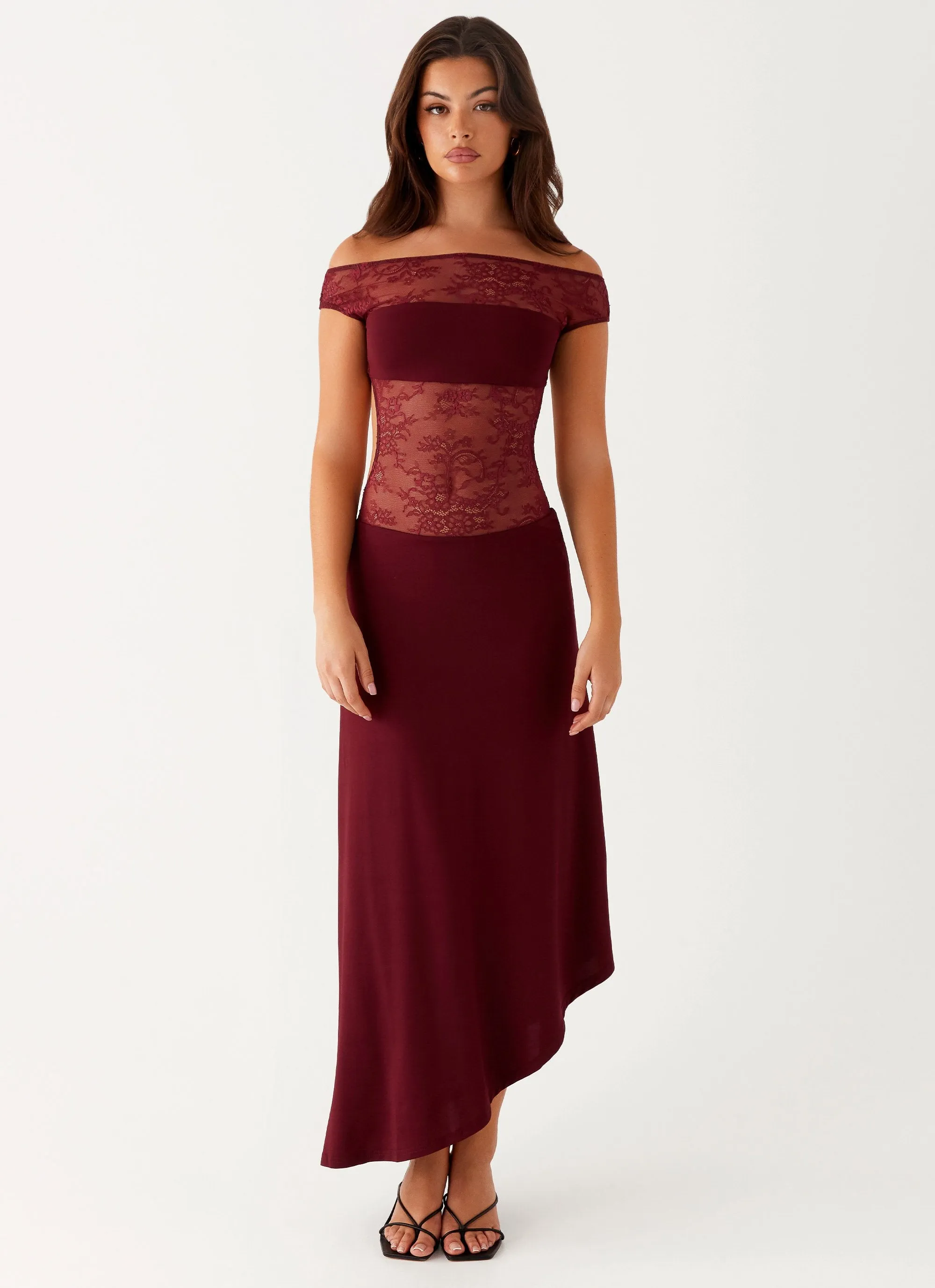 Sleek Texture High-Fashion Francoise Lace Midi Dress - Burgundy