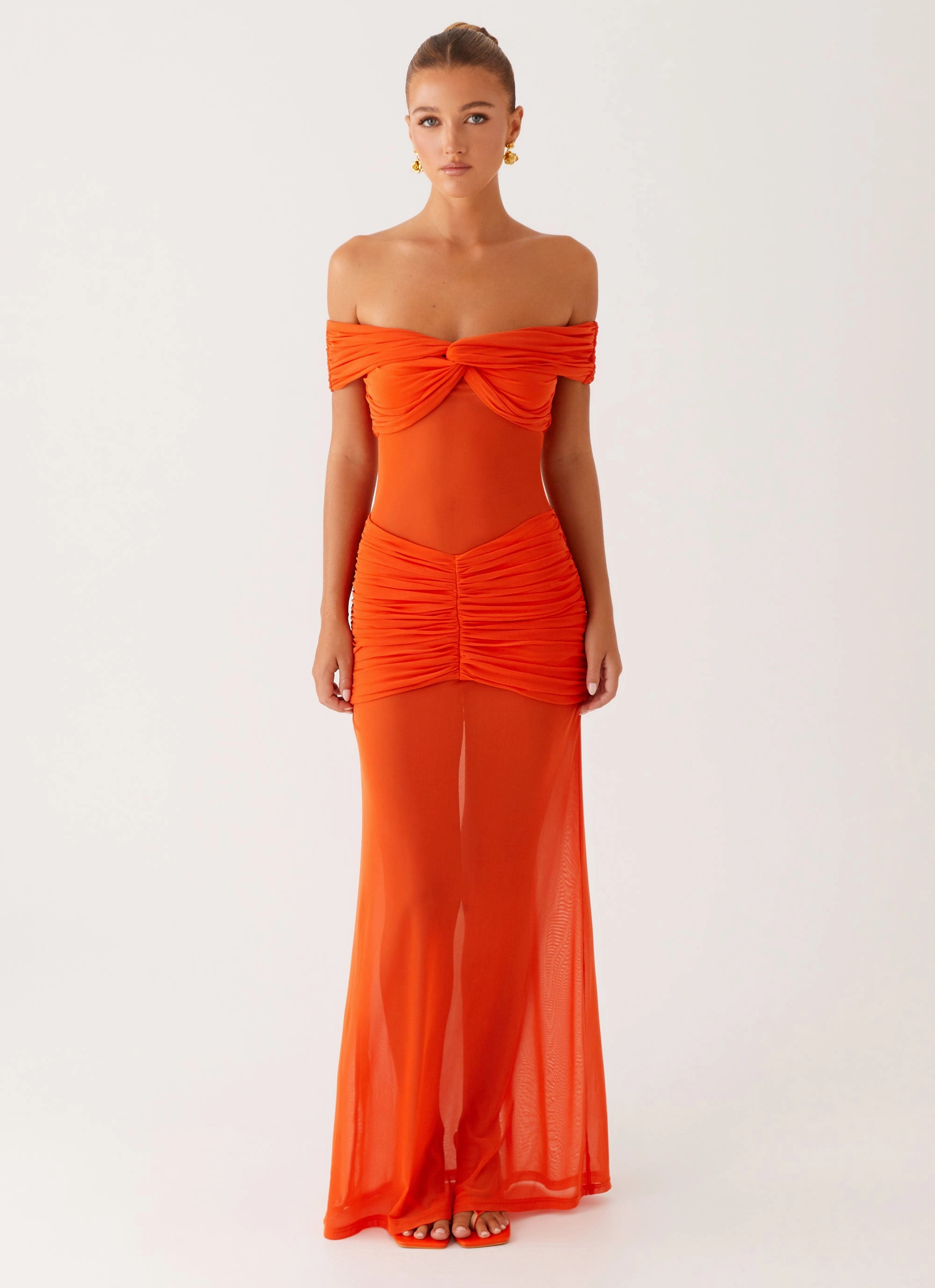 Natural Drape Date Ready Charming Off Shoulder Maxi Dress - Orange