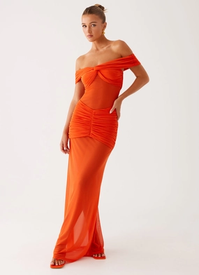 Fringe-Detail Youthful Feel Charming Off Shoulder Maxi Dress - Orange