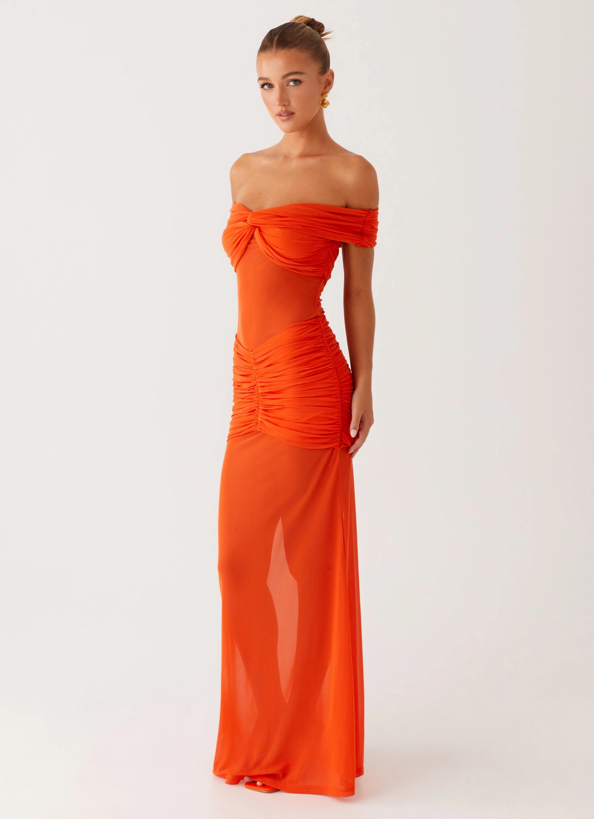 Comfortable Cut Bold Movement Charming Off Shoulder Maxi Dress - Orange