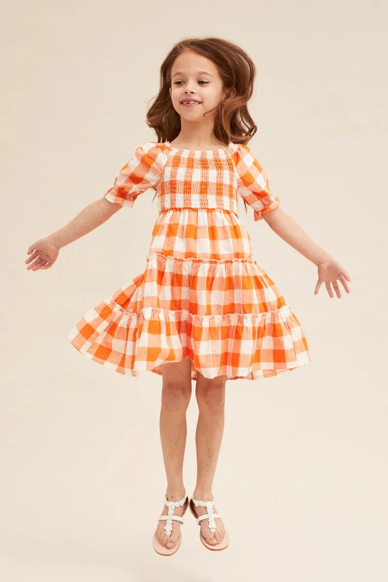 Check Kids Short Sleeve Check Shirred Midi Dress Artistic Shape Tall-Fit