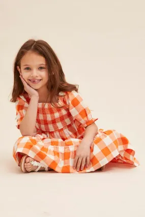 Check Kids Short Sleeve Check Shirred Midi Dress Subtle Detail Fashionable Layer
