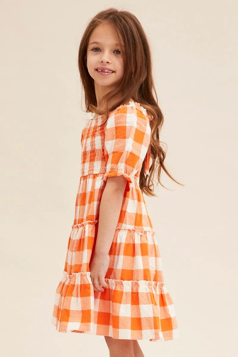 Check Kids Short Sleeve Check Shirred Midi Dress Subtle Comfort