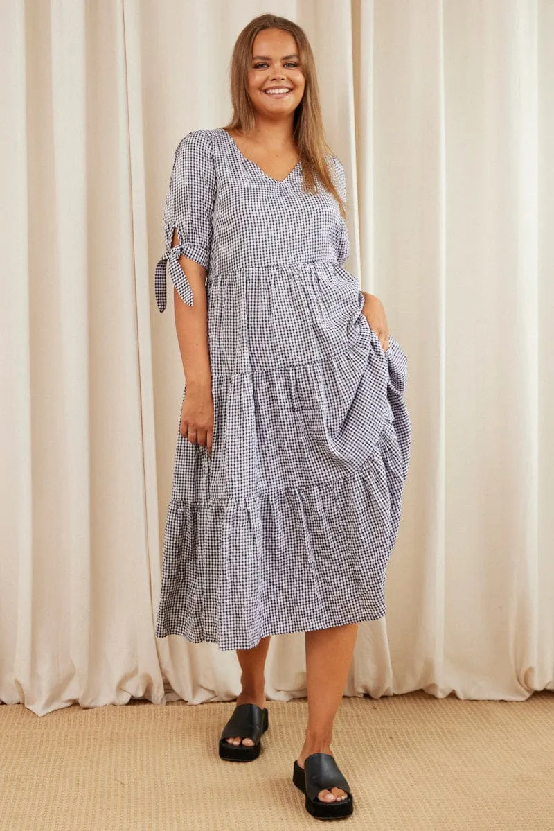 Soft color Check Midi Dress V-neck Short Sleeve