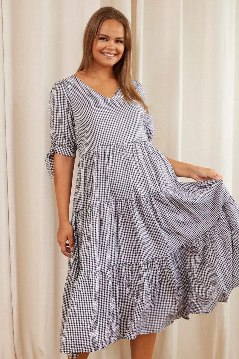 Check Midi Dress V-neck Short Sleeve Fashion Essential