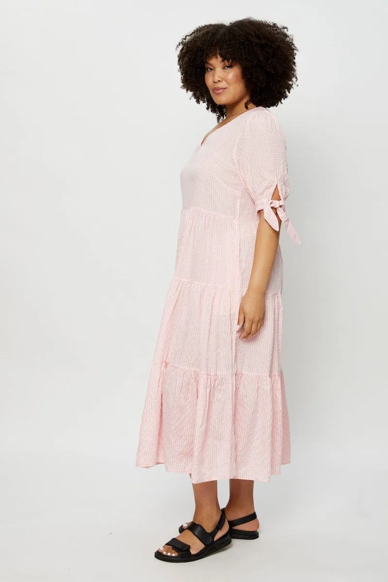 Comfort Layer Wear Check Midi Dress V-neck Short Sleeve
