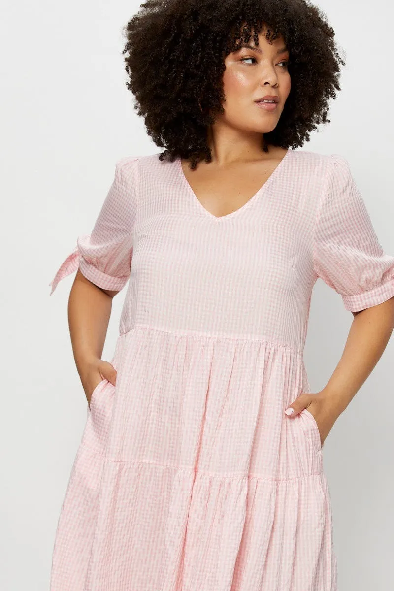 Work Fit Check Midi Dress V-neck Short Sleeve