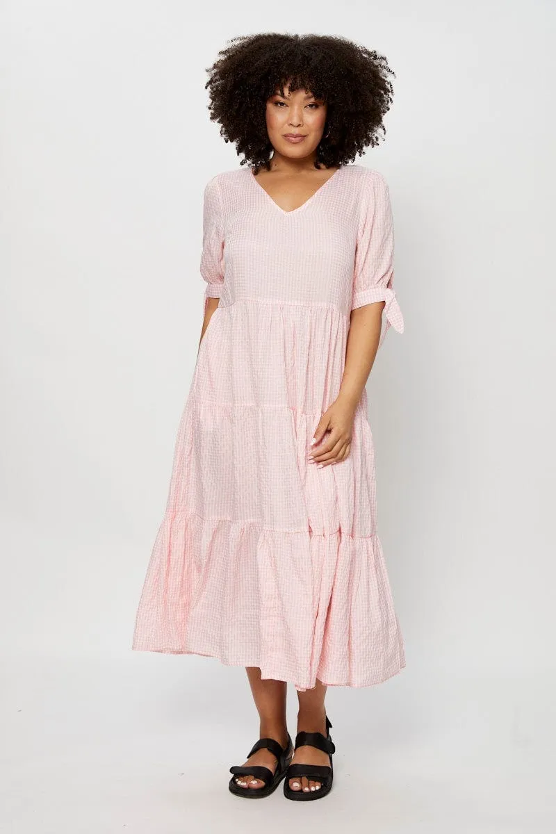 Feminine Line Check Midi Dress V-neck Short Sleeve
