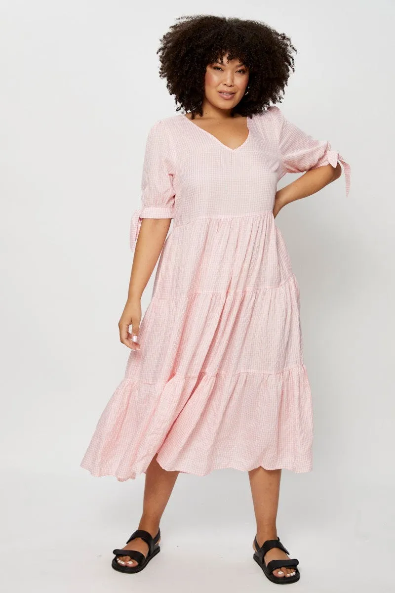 Party Floral Velvet-Sleeve Check Midi Dress V-neck Short Sleeve
