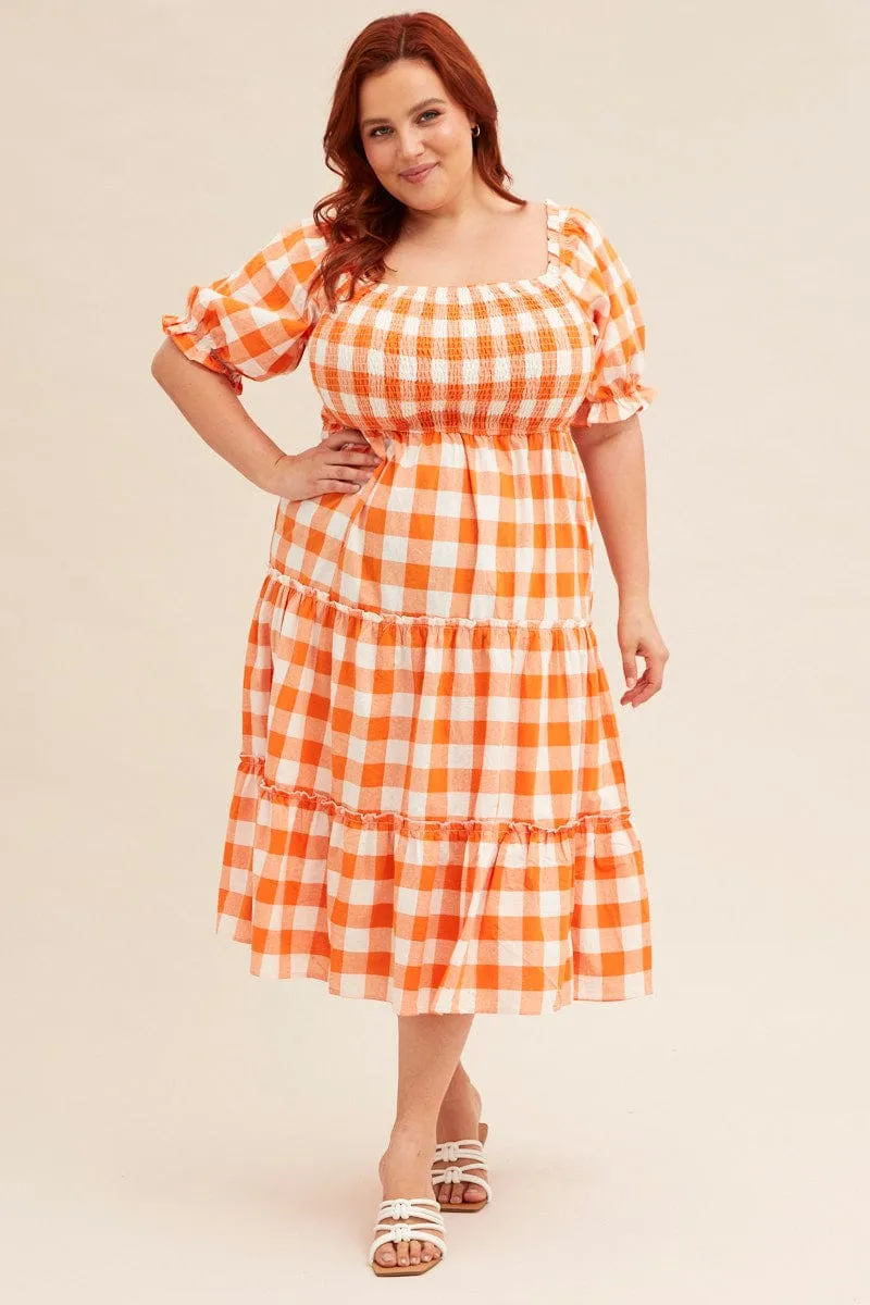 Timeless Style Smooth Feel Check Short Sleeve Check Shirred Midi Dress