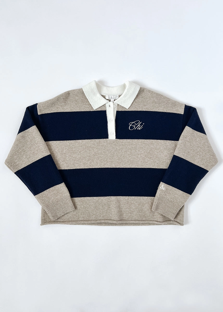 Soft comfort layer Chi Script Rugby Sweater - Tan & Navy