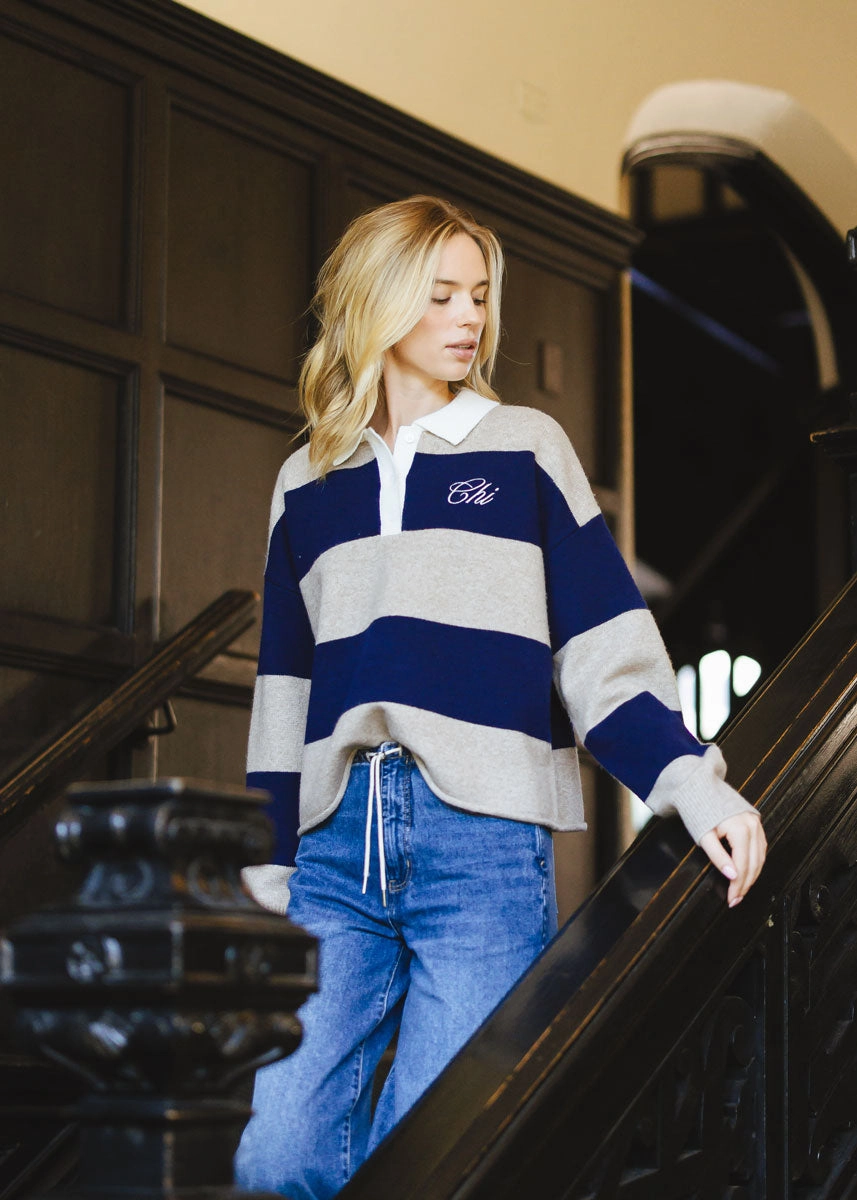 Chi Script Rugby Sweater - Tan & Navy Trendy Layer