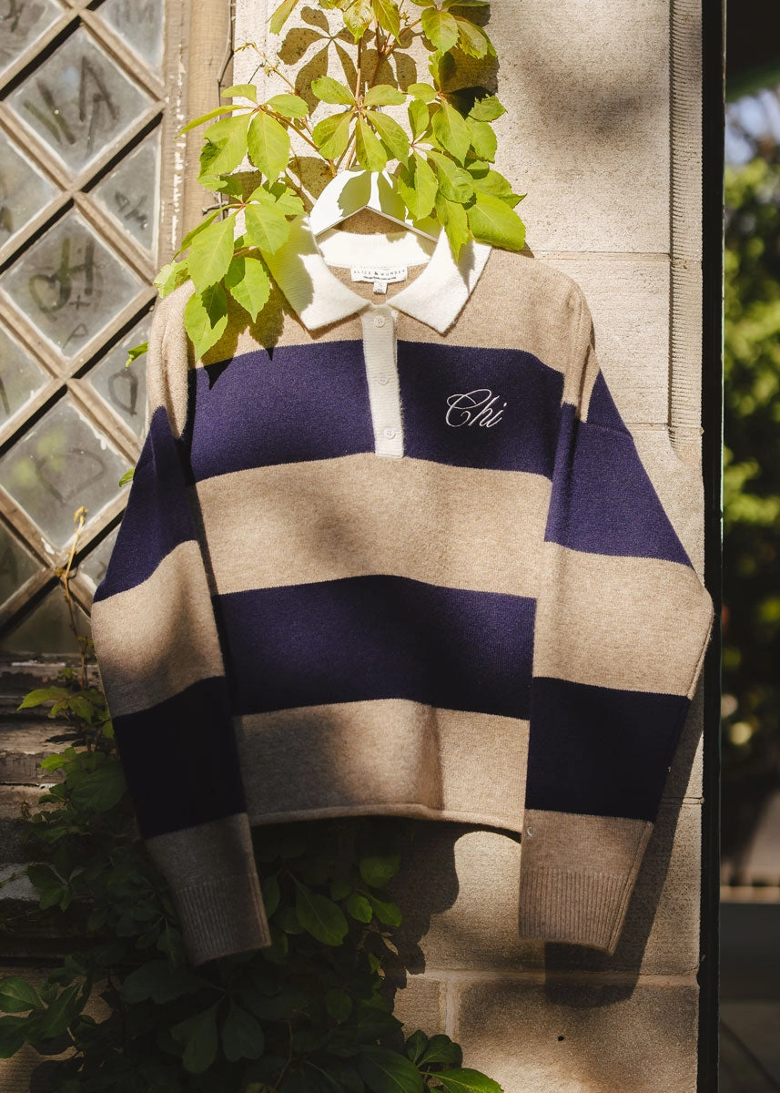 Active Design Casual Styling Chi Script Rugby Sweater - Tan & Navy
