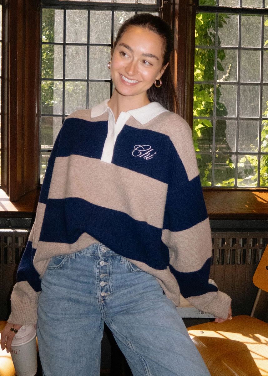 Chi Script Rugby Sweater - Tan & Navy Sleek Waist Eco Friendly Material