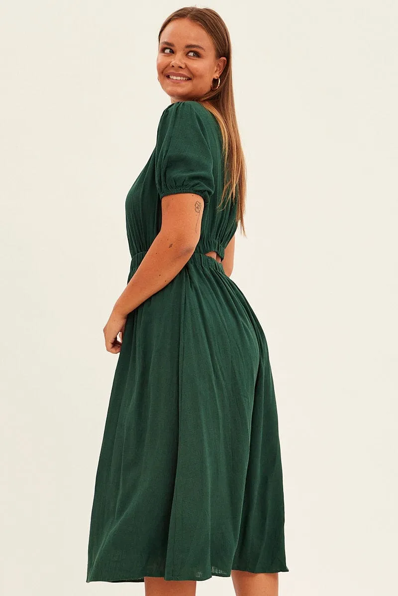 Belted-Style Cool Simplicity Green Midi Dress Cutout Back Puff Sleeve Linen Blend