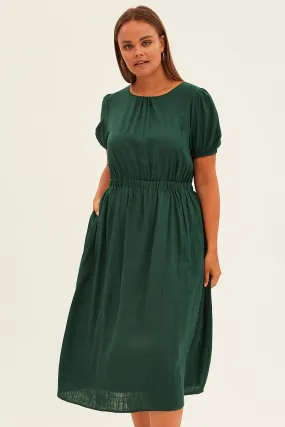 Flattering Style Green Midi Dress Cutout Back Puff Sleeve Linen Blend