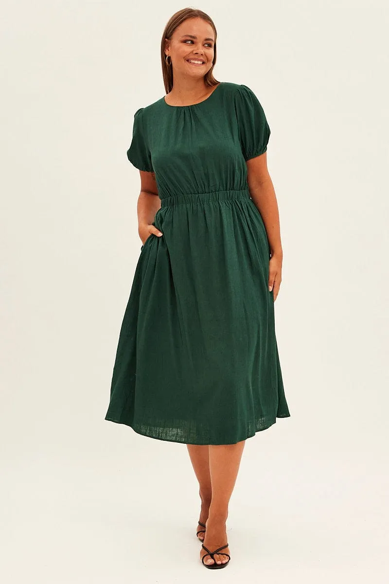 Green Midi Dress Cutout Back Puff Sleeve Linen Blend Layer Ready