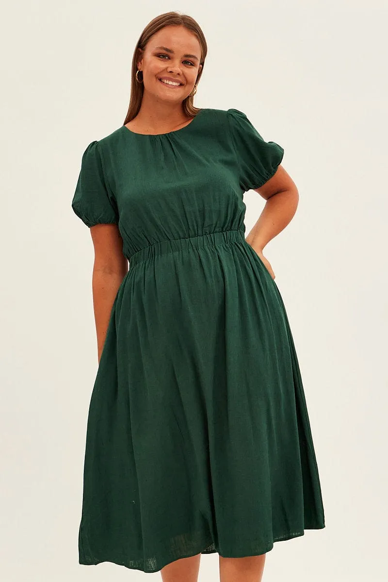 Green Midi Dress Cutout Back Puff Sleeve Linen Blend Classic Layers Easy Tones