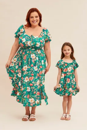 Green Floral Short Puff Sleeve Midi Slit Dress Chic Everyday Wear