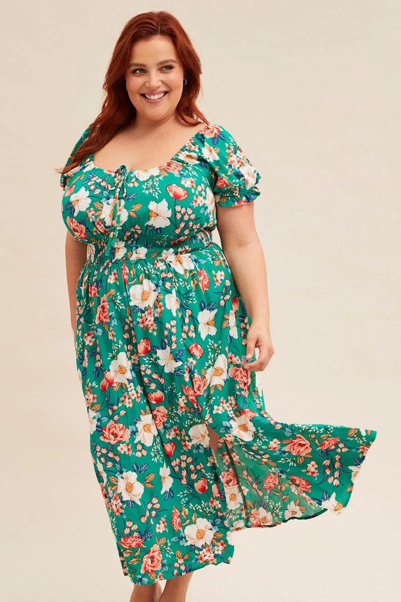 Green Floral Short Puff Sleeve Midi Slit Dress Life Soft
