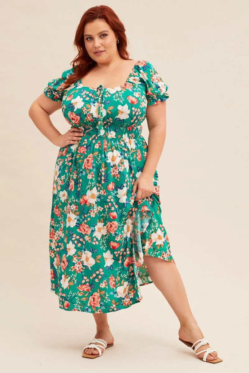 Green Floral Short Puff Sleeve Midi Slit Dress Stylish Look Versatile Touch