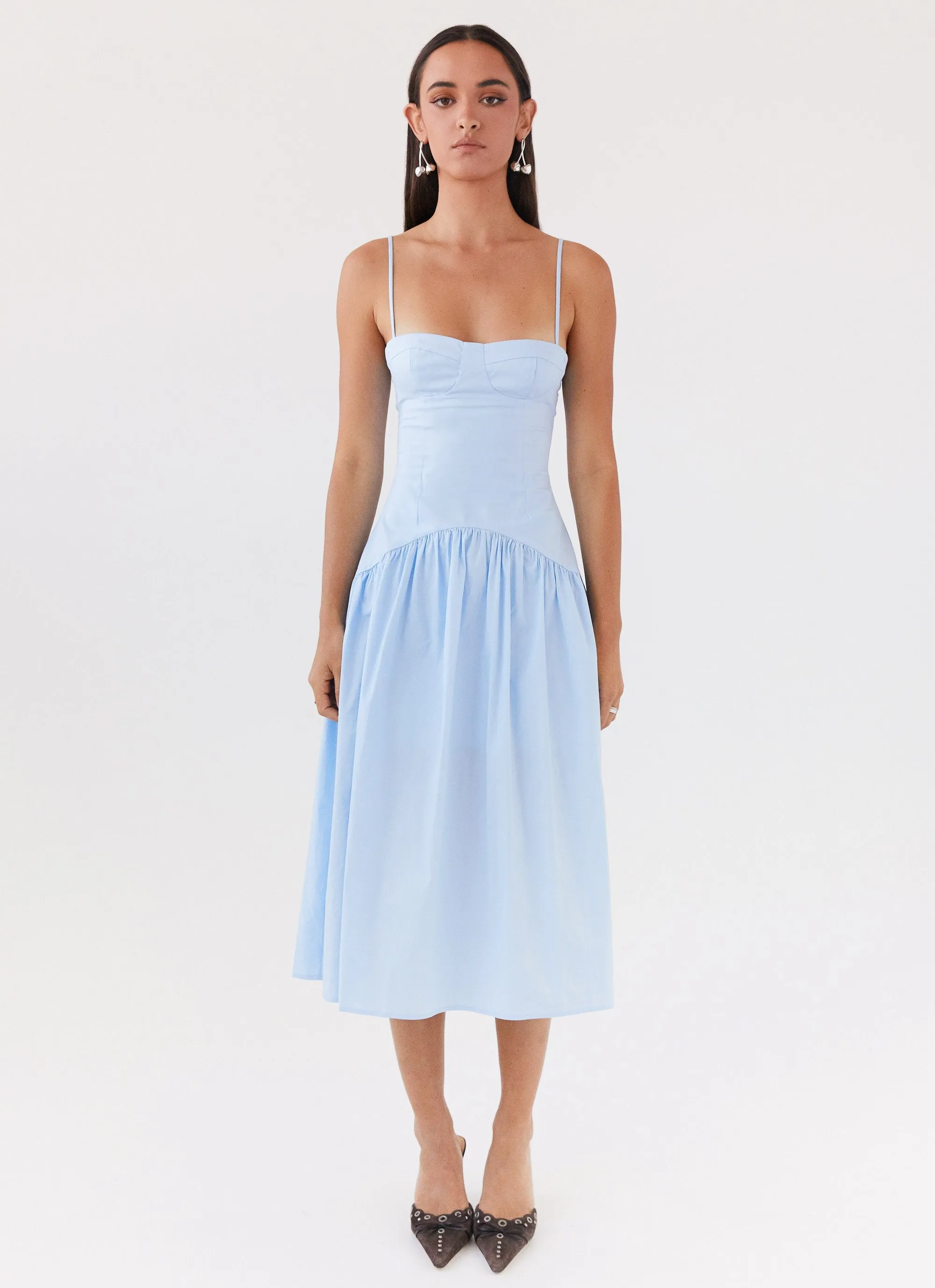 Yvette Corset Midi Dress - Blue Outdoor Scene
