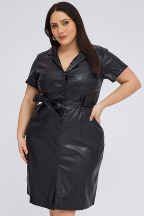 Black Faux Leather Dress Knee Length Short Sleeve Belt Clean Structure Soft Detail