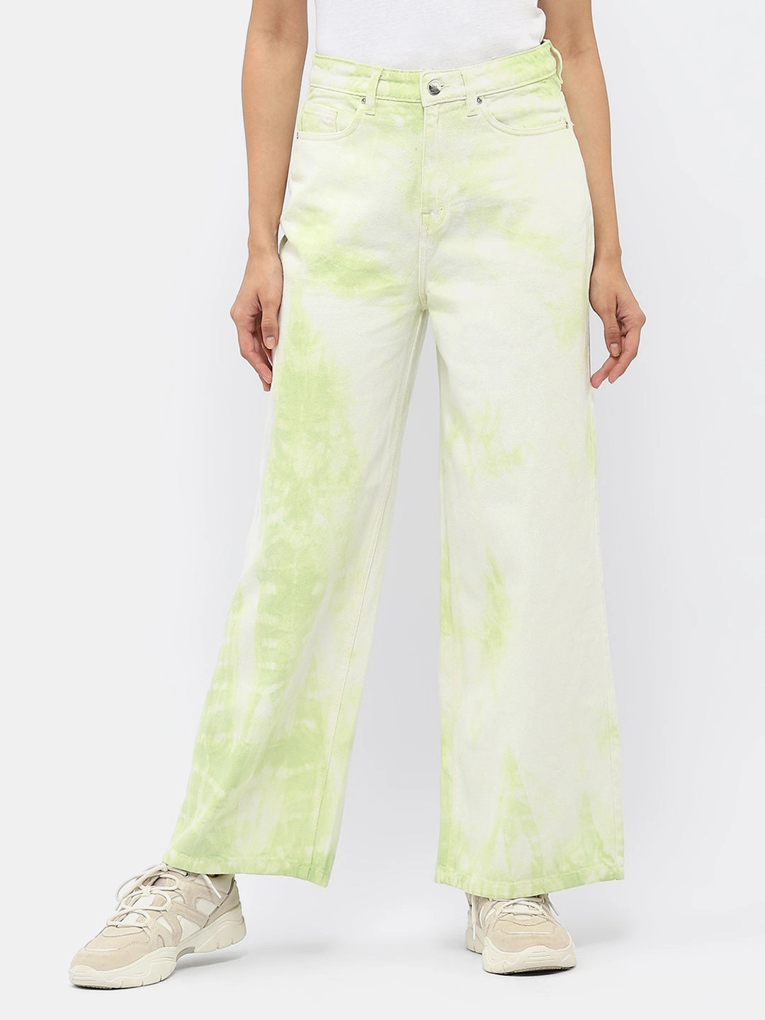 Madame Tie-Dye Green Wide Leg Jeans Outfit Routine Low Profile Zipper