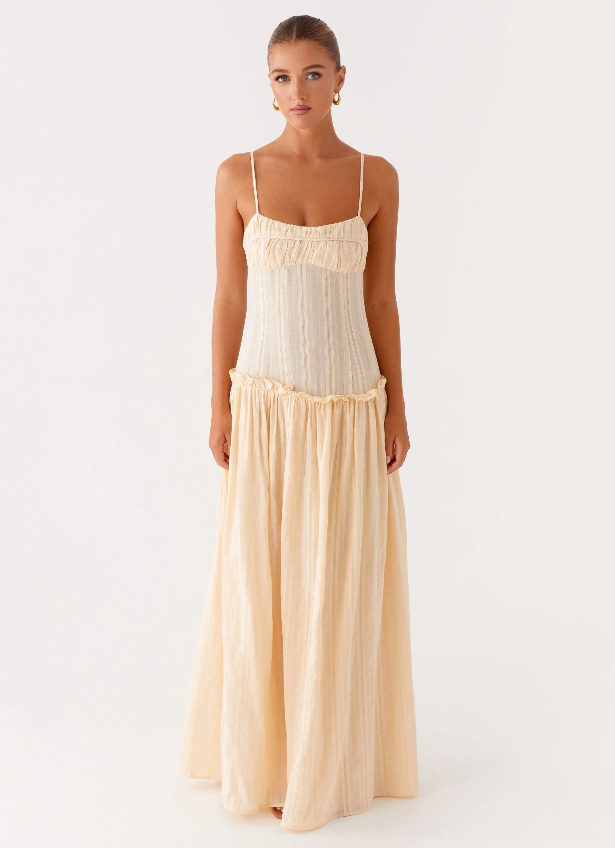 Jacinda Drop Waist Maxi Dress - Cream Relaxed Waist Flexible Cut