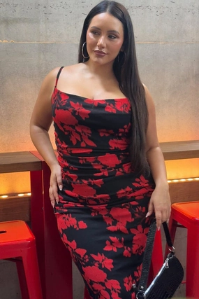 Stylish Appeal Day Love Red Abstract Cowl Shoestring Strap Stretch Dress