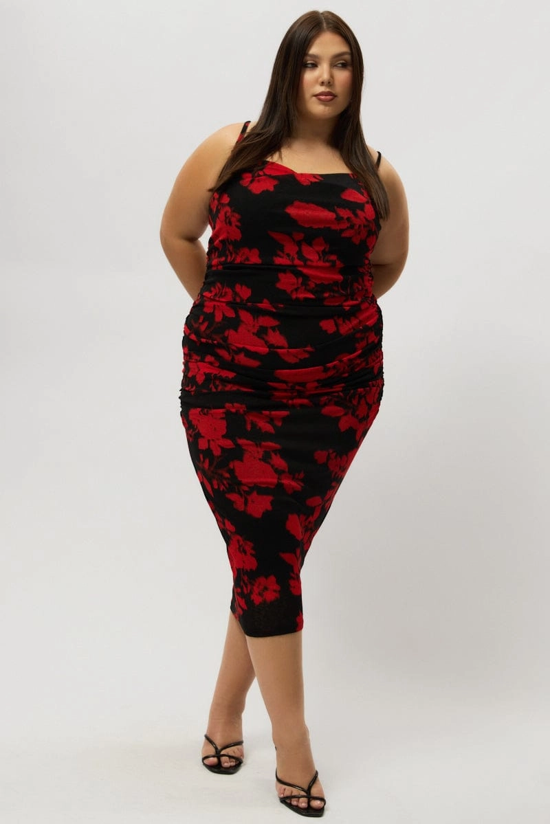 Elegant Look Red Abstract Cowl Shoestring Strap Stretch Dress