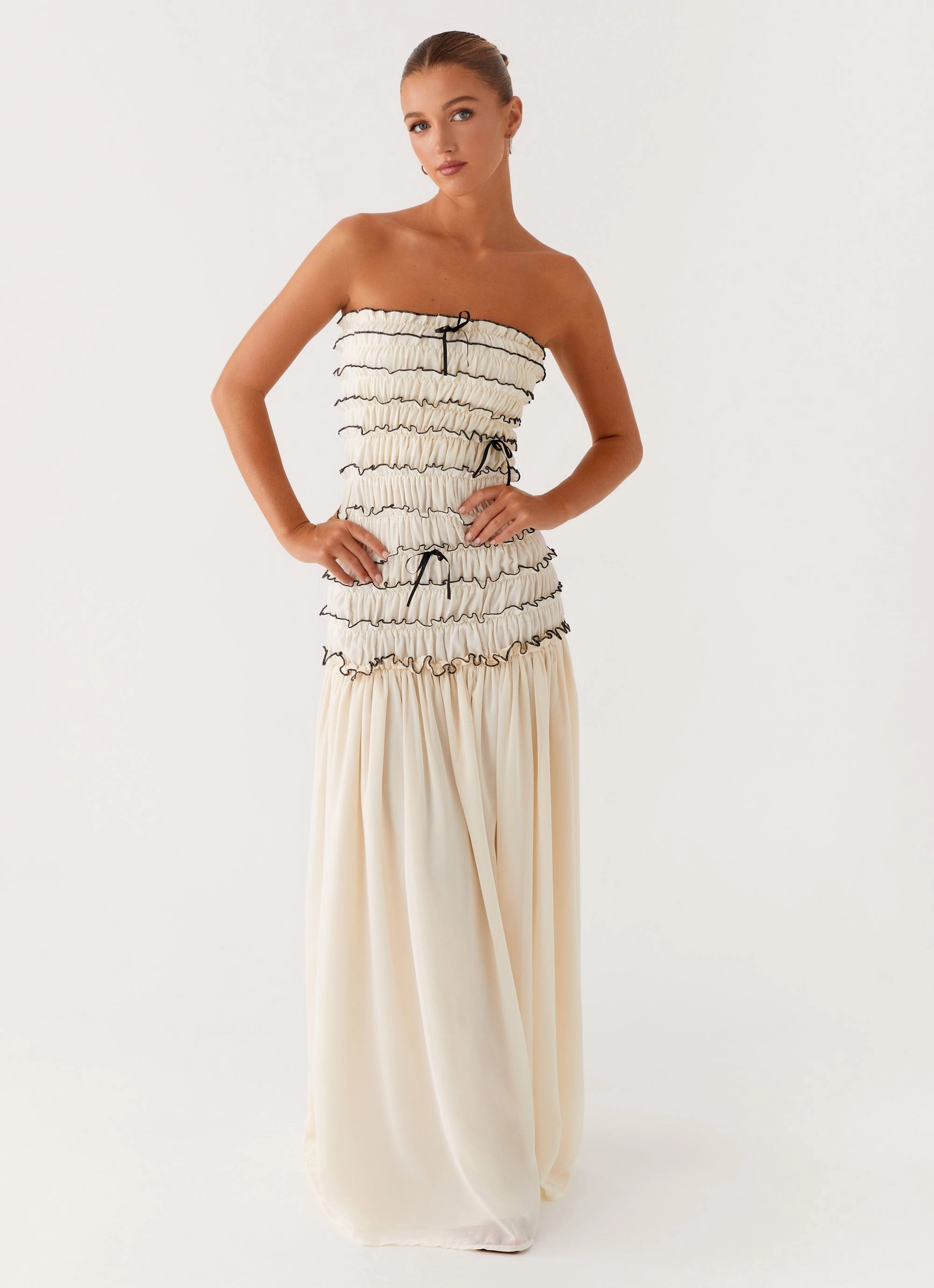 Zariah Maxi Dress - Ivory Draped Layer Bishop-Sleeve