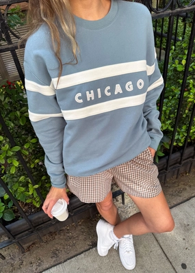 Multipanel Construction Cozy Knit Chicago Oversized Rugby Sweatshirt - Light Blue