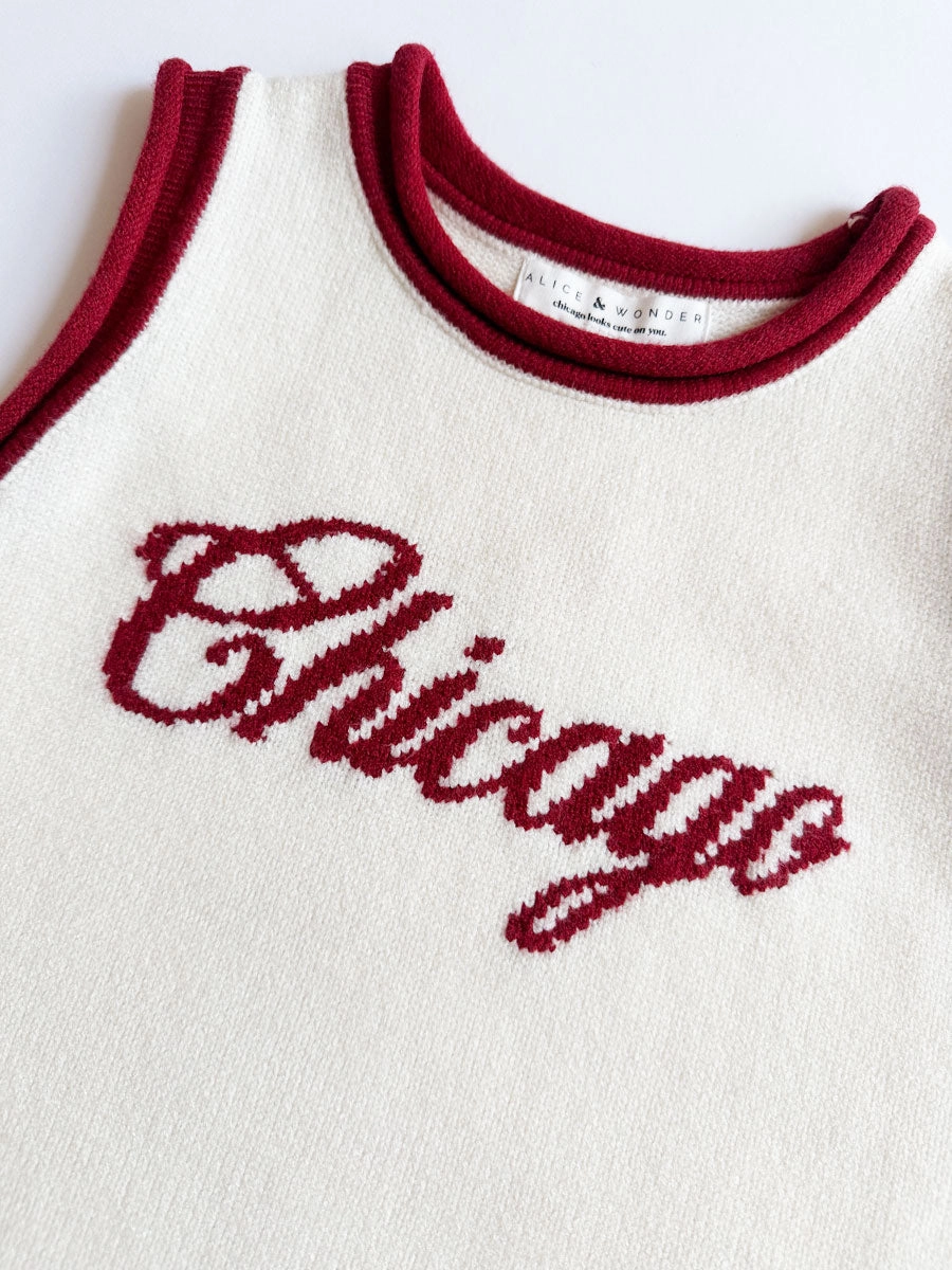 Fine Gauge Knit Soft Knit Chicago Script Ringer Sweater Vest - Ivory Red Combo