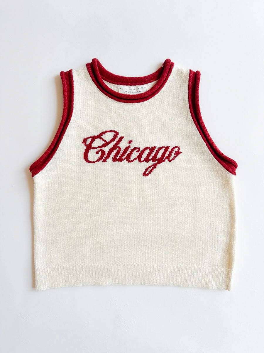 Chicago Script Ringer Sweater Vest - Ivory Red Combo Quick Comfort Seasonal piece