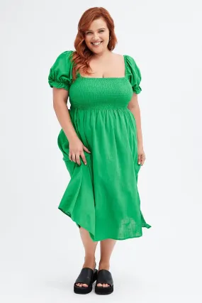 custom-fit Air Comfort Fern Shirred Short Sleeve Linen Blend Midi Dress