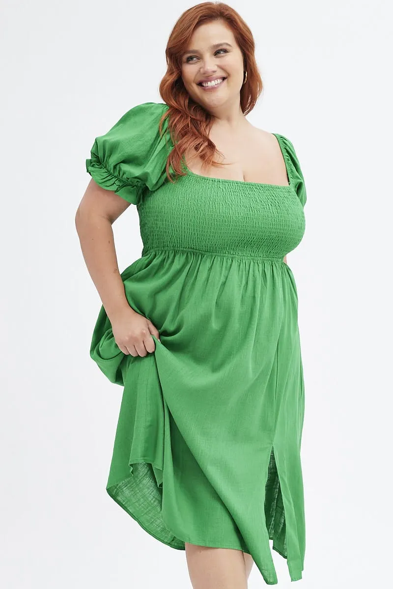 Fern Shirred Short Sleeve Linen Blend Midi Dress Linen-Blend Casual event dress