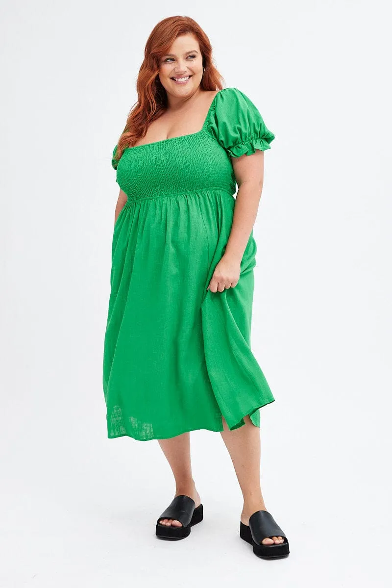 Minimal Fit Comfortable and Soft Fern Shirred Short Sleeve Linen Blend Midi Dress