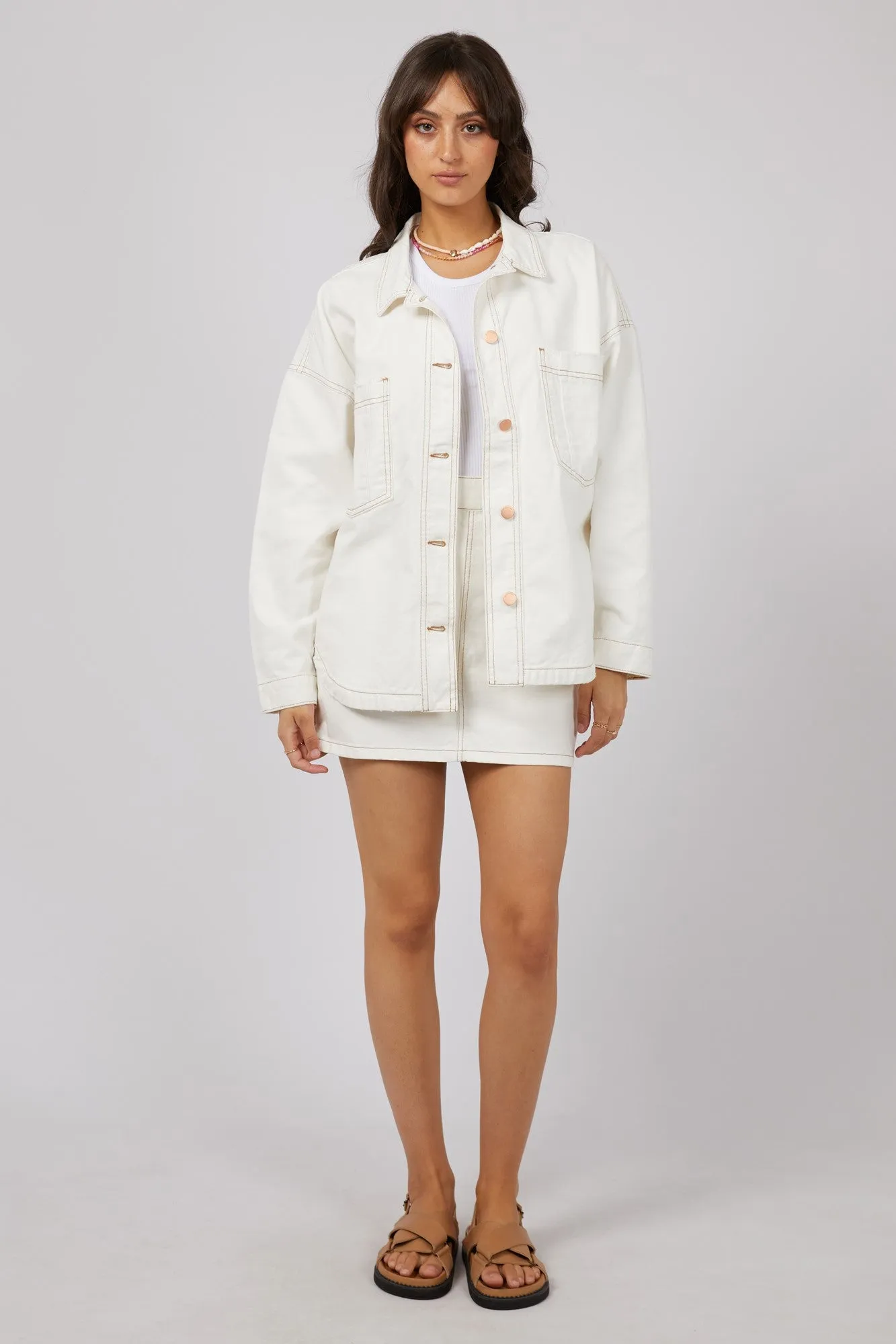 All About Eve Coco Denim Shacket Vintage White Ventilated Back Panel Functional Pocket