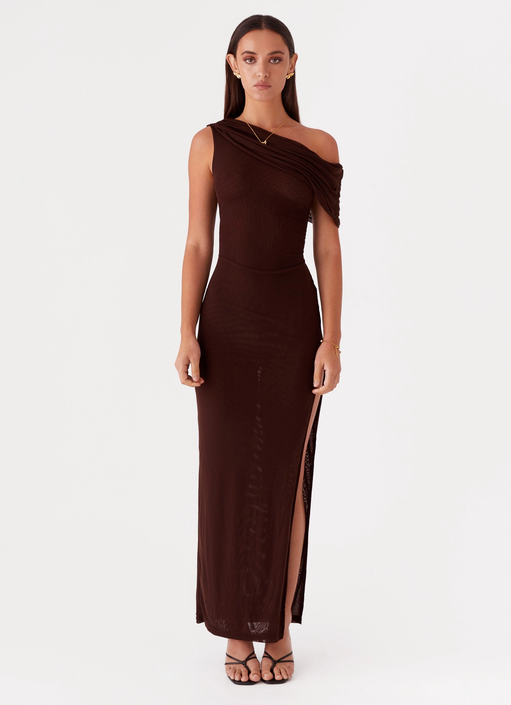 Ciara One Shoulder Draped Maxi Dress - Chocolate Light Outfit