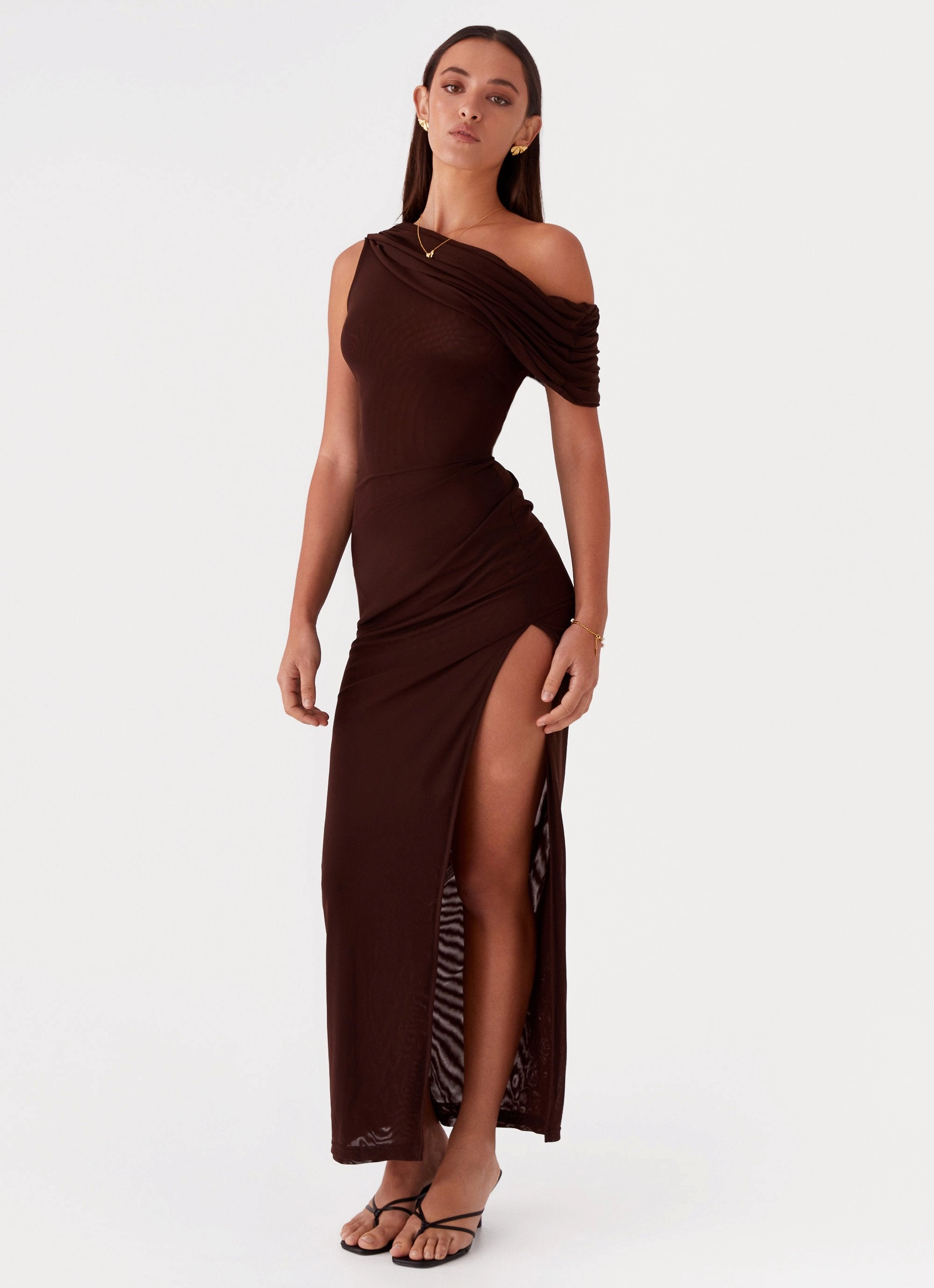 All Occasion Perfect Layering Ciara One Shoulder Draped Maxi Dress - Chocolate