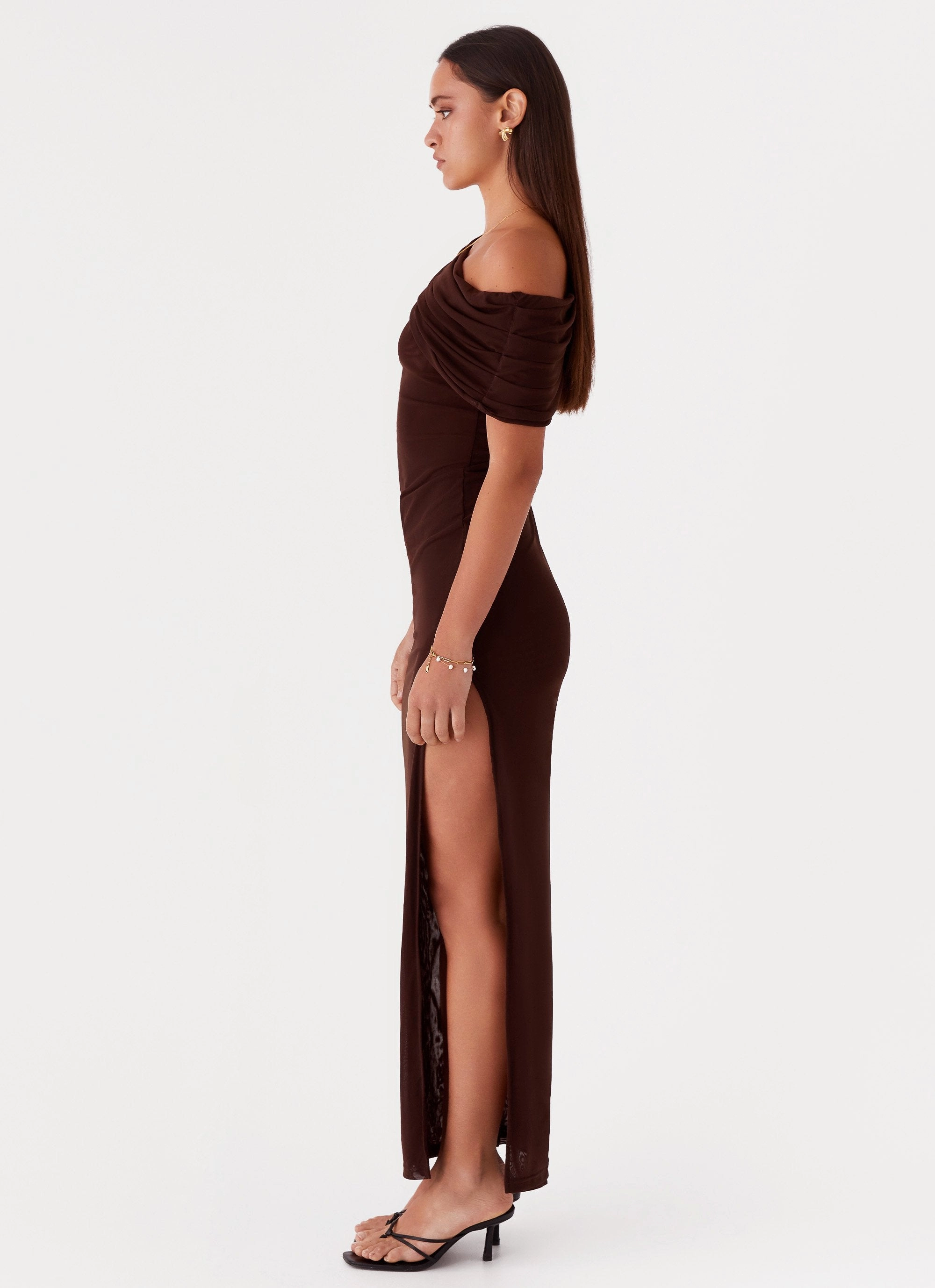 elegant design Modern Texture Ciara One Shoulder Draped Maxi Dress - Chocolate